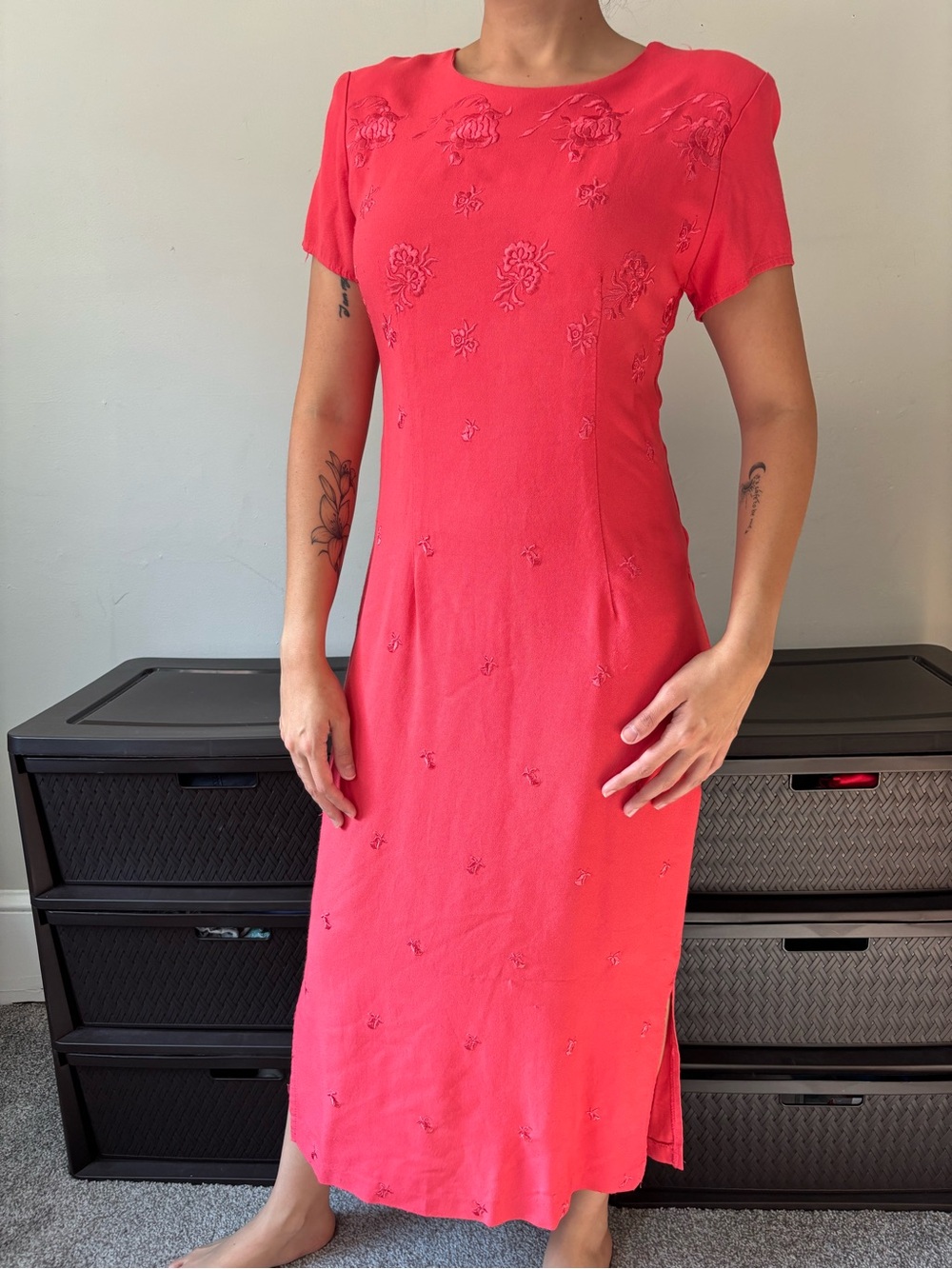 Vintage Prairie Coral Cottagecore Floral Embroidered Maxi Boho Dress Small Med